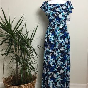 NWT Maxi Dress S Emerald Sundae Blue Floral Ruffle Off Shoulder Wedding Garden